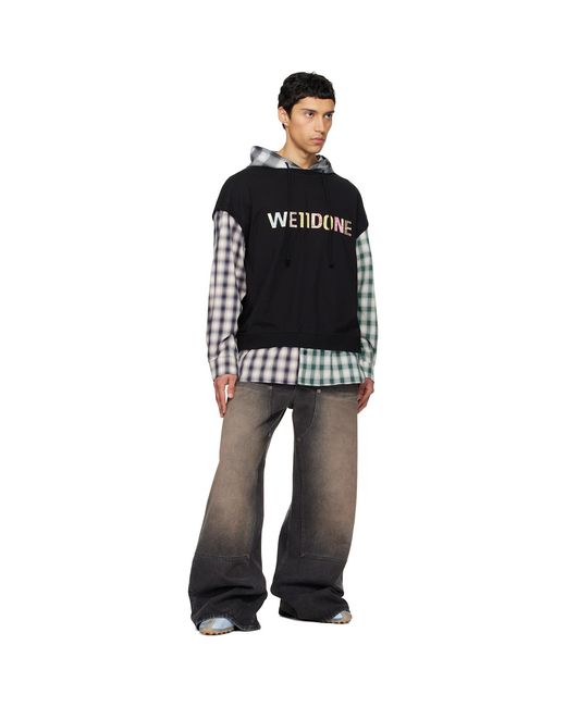we11done Black Patchwork Layered Hoodie for men