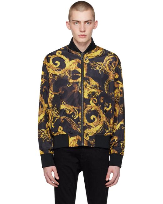 Versace Black & Yellow Watercolor Couture Reversible Bomber Jacket for men