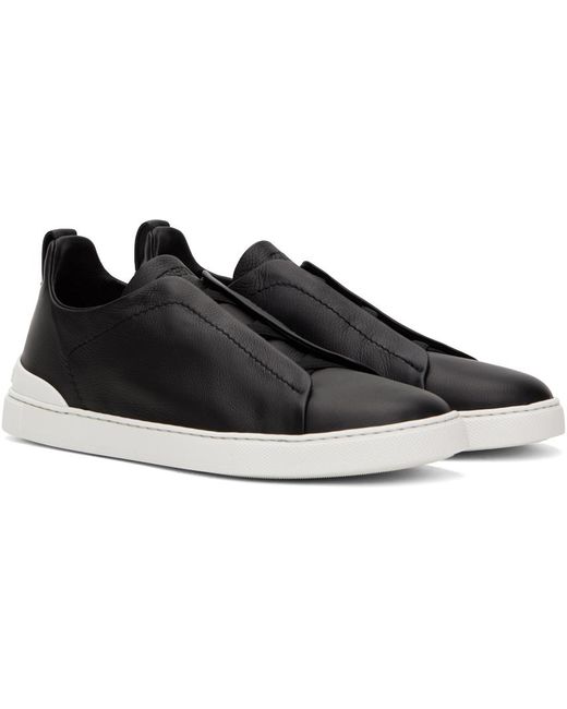 Zegna Black Leather Triple Stitch Sneakers for men