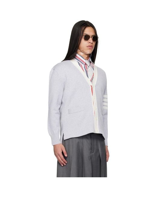 Thom Browne White Crest Intarsia Jacquard 4-Bar Rugby Fit Cardigan for men