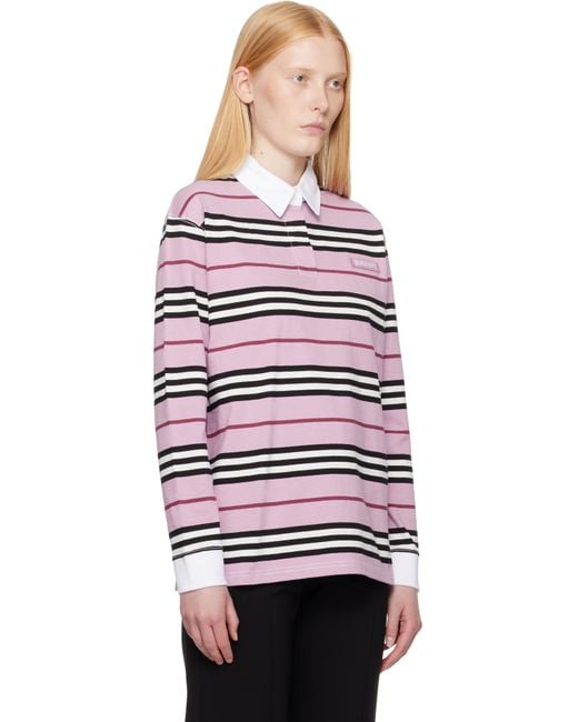 Burberry ピンク ボーダー コットン 長袖ポロシャツ Red