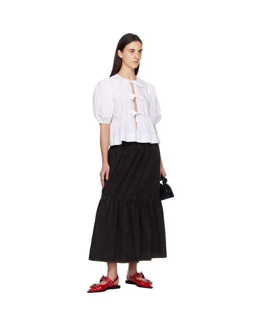 Ganni White Cotton Poplin Peplum Tie Blouse