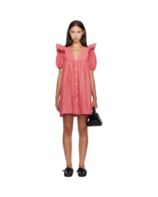 Ganni Red Striped Cotton Minidress