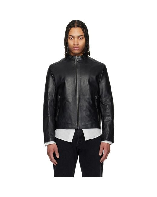 HUGO Black Slim Fit Grained Leather Jacket for men