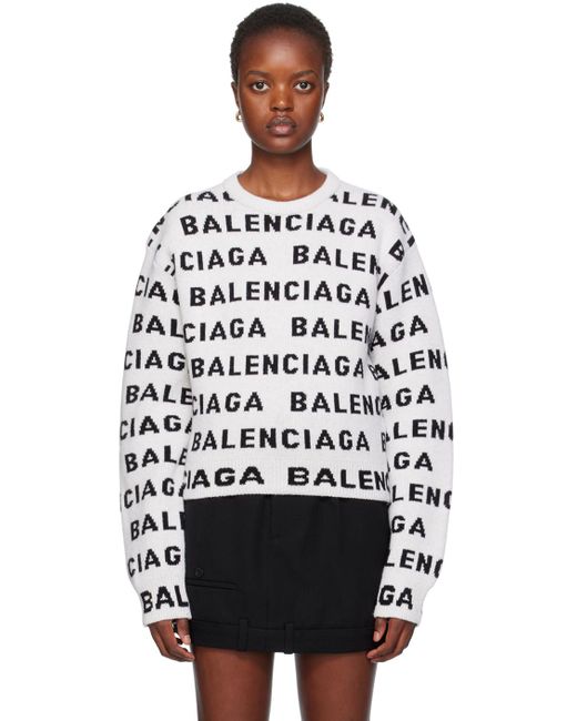 Balenciaga Off white Jacquard Sweater in Black Lyst UK