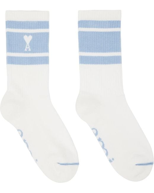 AMI White & Blue Ami De Cœur Striped Socks
