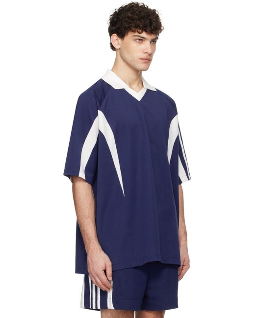 メンズ Y-3 ブルー＆ホワイト Vネック ポロシャツ Blue
