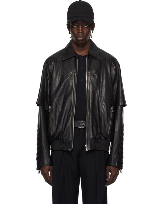 Balmain Black Layered Leather Jacket for men