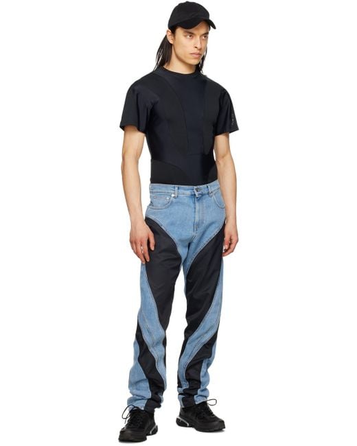 Mugler Blue Paneled Spiral Jeans for men