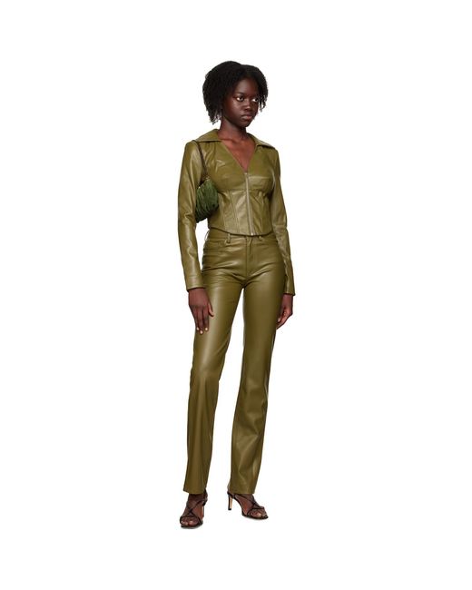 Staud Green Khaki Chisel Faux-leather Pants
