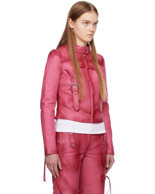 Blumarine Red Pink Guêpière Leather Biker Jacket