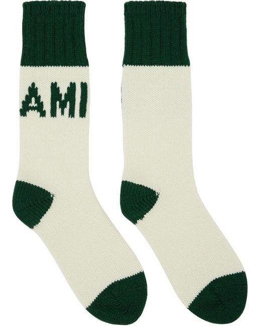 AMI Off-white & Green Logo Socks for men