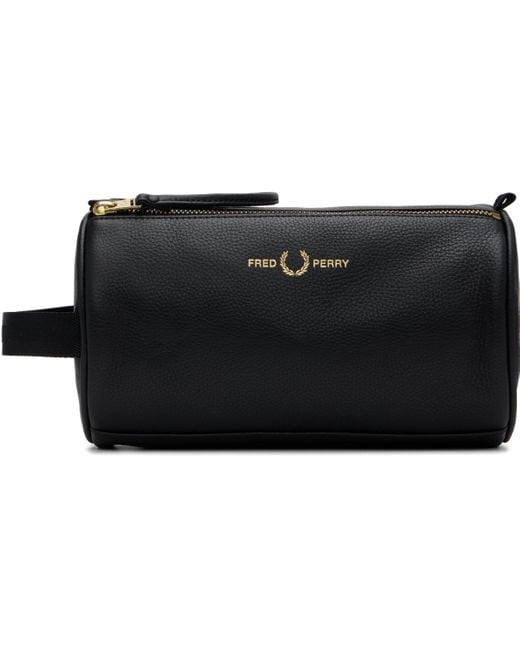 Fred Perry Black Tumbled Leather Wash Bag for men