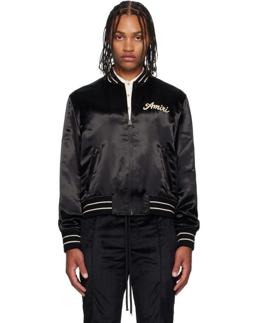 Amiri Black Club Logo-Embroidered Satin Bomber Jacket for men