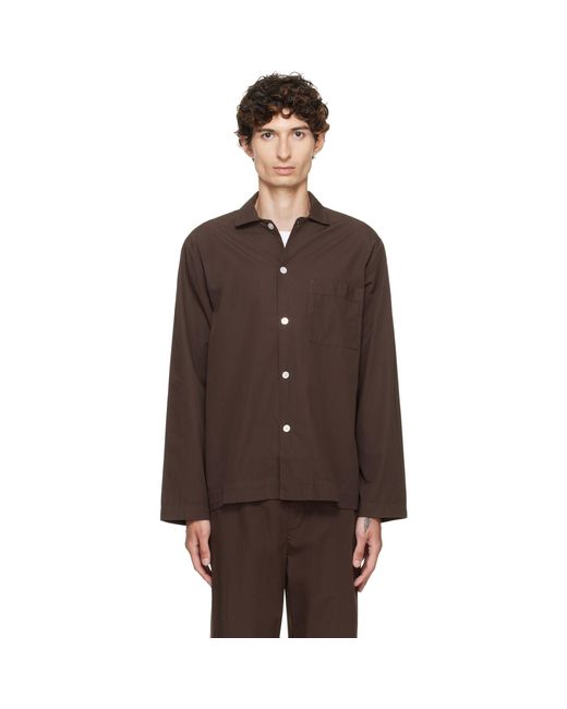 Tekla Brown Poplin Long-Sleeved Pyjama Shirt for men
