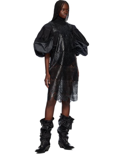 Junya Watanabe Black Polyester Scalloped Lace X Nylon Rip-Stop Midi Dress