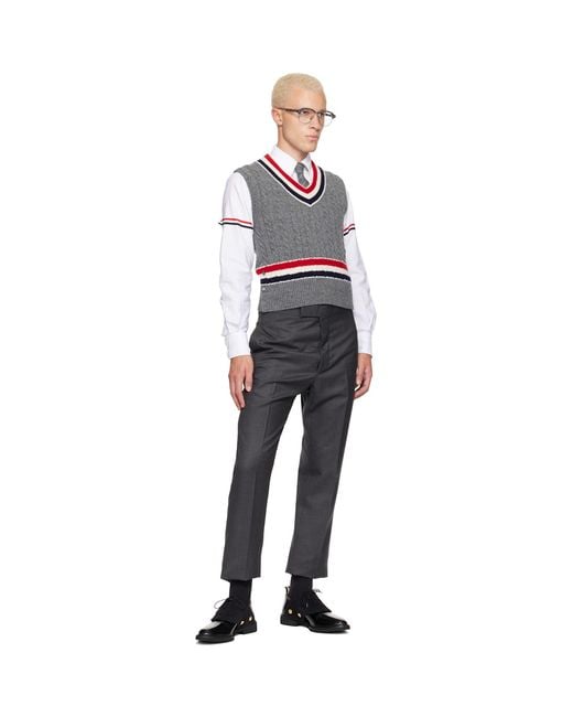Thom Browne Gray Baby Cable V-Neck Cricket Rwb Vest for men