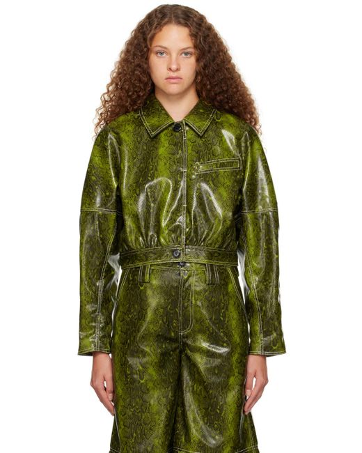 Ganni Green Cropped Faux Snake-effect Leather Jacket