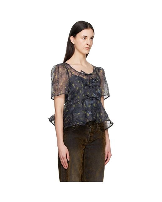 Ganni Black Shibori Organza Peplum Blouse