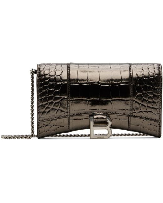 Balenciaga Hourglass Silver Croc Embossed Leather Chain Wallet Bag New