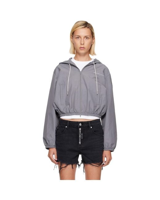 Alexander Wang Gray Shrunken Hoodie Rhinestone Drawcord Jacket