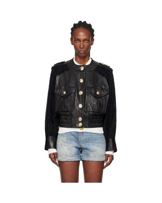 Balmain Black Tweed & Leather Bomber Jacket