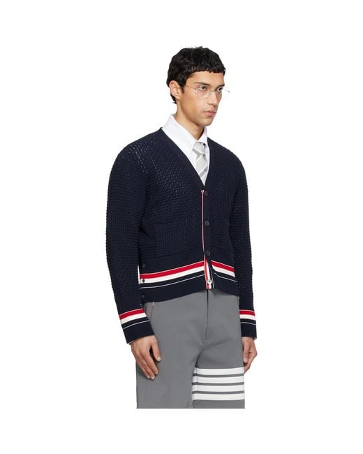 Thom Browne Blue Float Ripple Stitch Rwb Cardigan for men