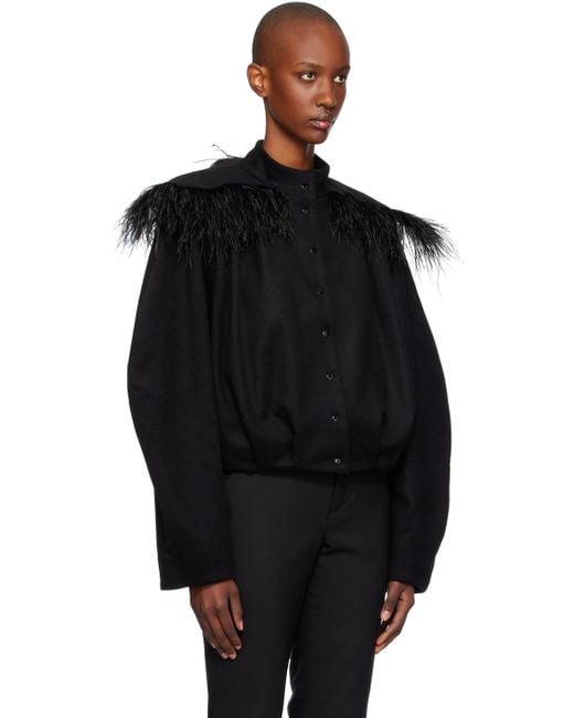 FIDAN NOVRUZOVA Black Ostrich Feather-Trimmed Wool Jacket