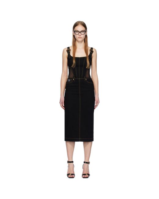 Versace Jeans Couture Black Baroque Buckle Denim Midi Dress
