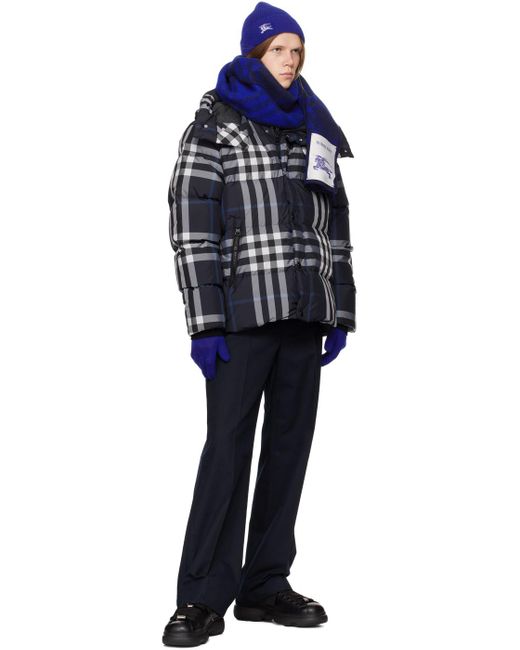 Burberry Blue Navy Check Down Jacket for men