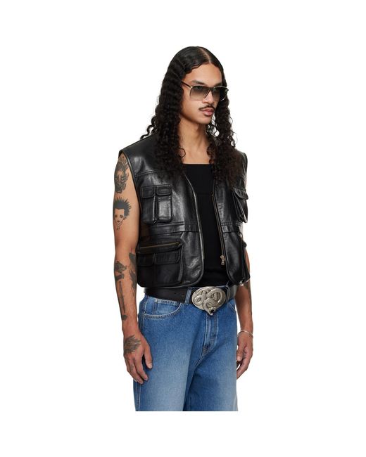 Lu'u Dan Black Cargo Faux-Leather Vest for men