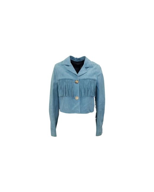 Amiri Blue Cropped Fringe Biker Jacket Y0W04281Su_Cob"