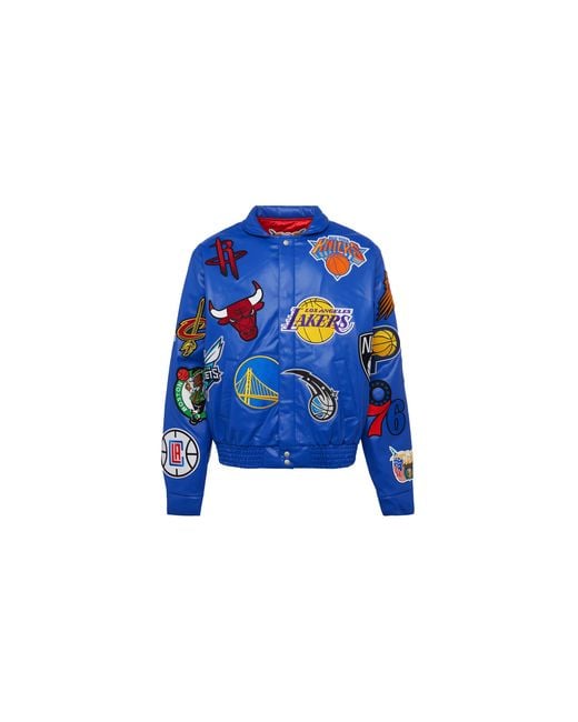 Jeff Hamilton Blue Nba Collage Vegan Leather Jacket Royal "Collage" Nba-201-Royal-Embr"