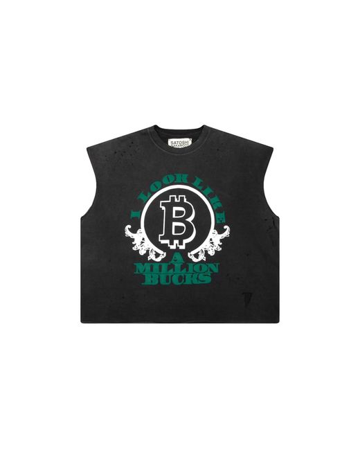 Satoshi Nakamoto Black Million Bucks Logo Sleeveless T-Shirt "Washed Sat065" for men