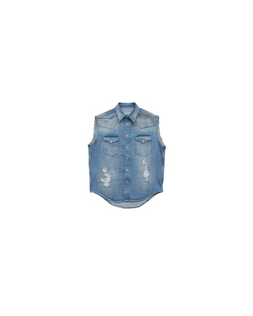 MM6 by Maison Margiela Blue Sleeveless Distressed Denim Shirt Sh2Dr0003M30018964" for men