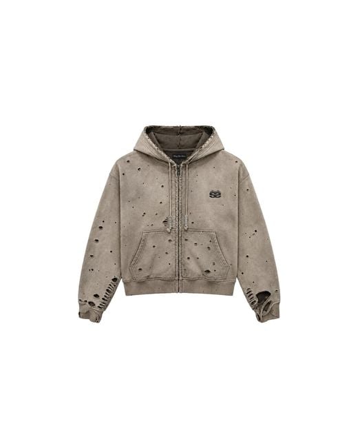 77 Studios Brown Charm Zip Up Distressed Hoodie "Taupe" 77S014" for men
