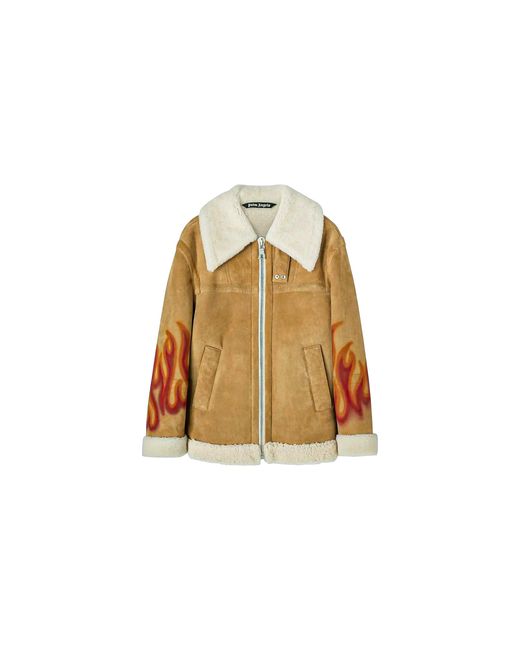 Palm Angels Black Burning Flames Sherling Trucker Jacket Pmja012F22Lea0011725" for men