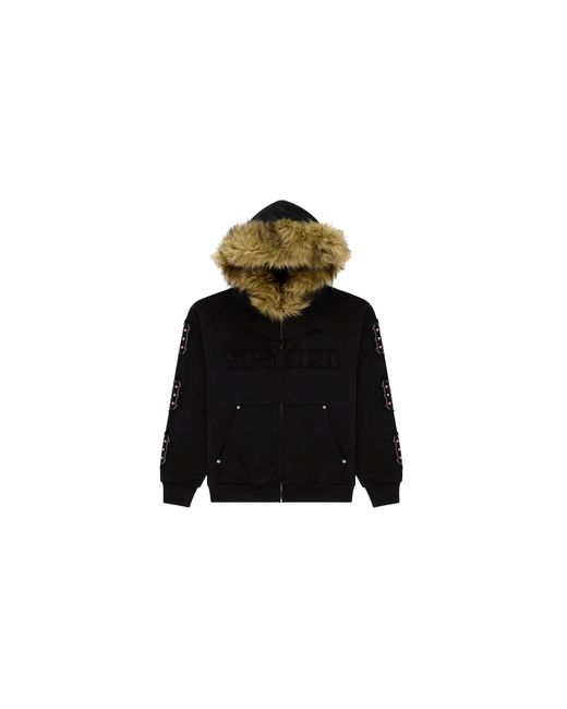 Sp5der Black Garibaldi Studded Logo Zip Up Hooded Sweatshirt 446"