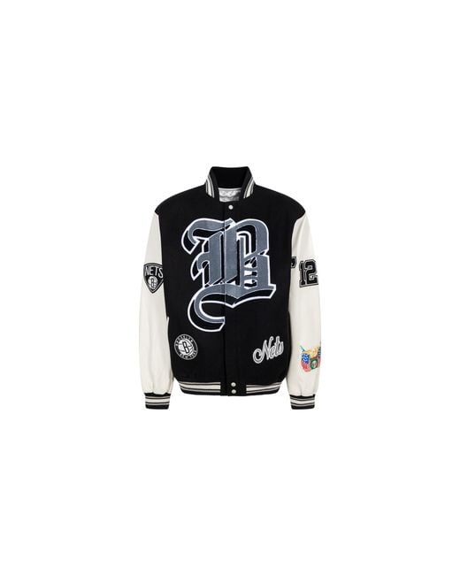 Jeff Hamilton Black Brooklyn Nets Wool/Leather Jacket "Old English “Brooklyn” Nba 102 Brk"