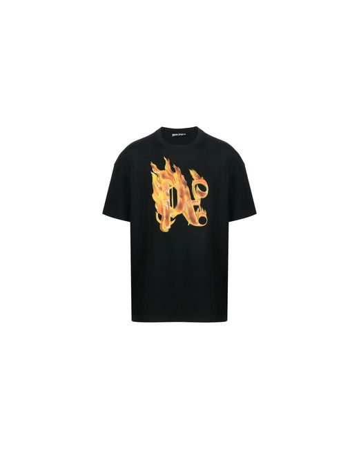 Palm Angels Black Burning Monogram T-Shirt Pmaa072R24Jer0011076" for men