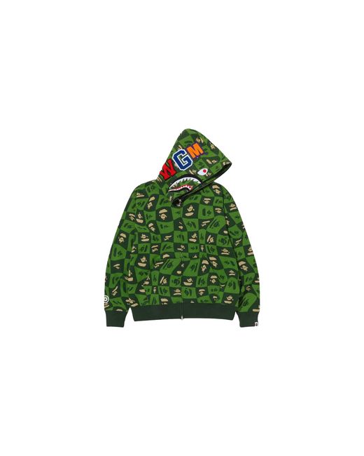 A Bathing Ape Green Distortion Shark Relaxed Fit Full Zip Hoodie 1I80 115 002" for men