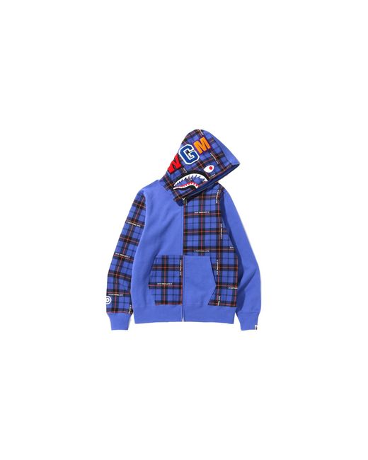 A Bathing Ape Blue Logo Check Shark Full Zip Hoodie 0Zxswm15004Mi" for men