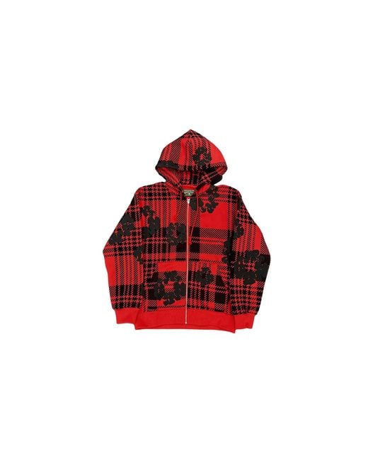 DENIM TEARS Red The Cotton Wreath Logo Zip Up Hooded Sweatshirt "Plaid for men