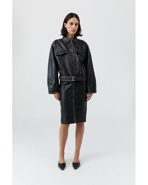 St. Agni Black Brushed Leather Belted Jacket