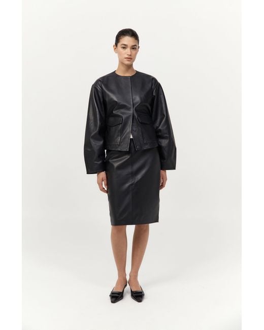 St. Agni Black Utility Cocoon Leather Bomber