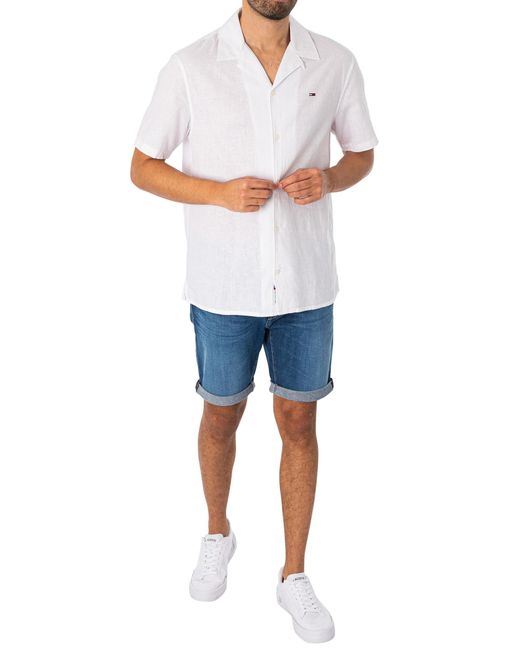 Tommy Hilfiger White Linen Blend Camp Shortsleeved Shirt for men