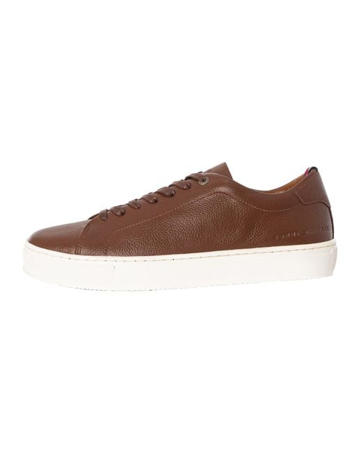 Tommy Hilfiger Brown Premium Cupsole Grained Leather Trainers for men