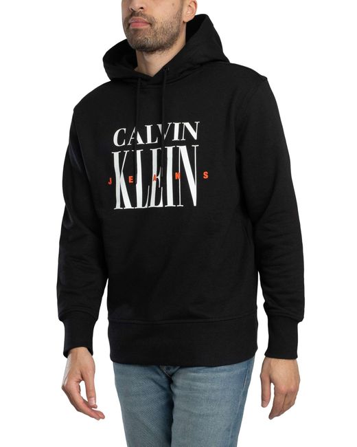 Calvin Klein Black Serif Font Graphic Pullover Hoodie for men