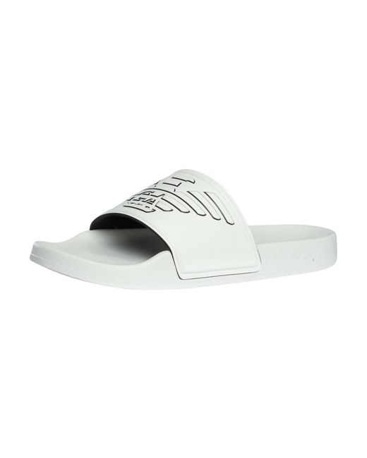 Emporio Armani White Embossed Eagle Sliders for men