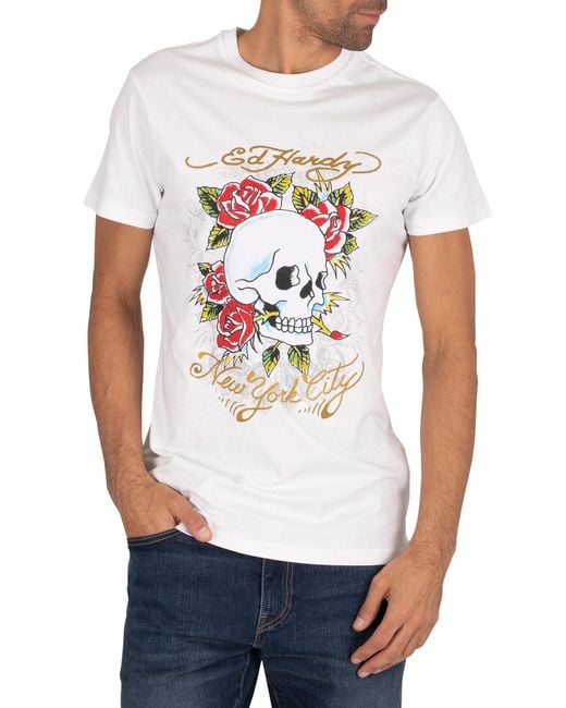 Ed Hardy White Skull Rose Caviar T-shirt for men